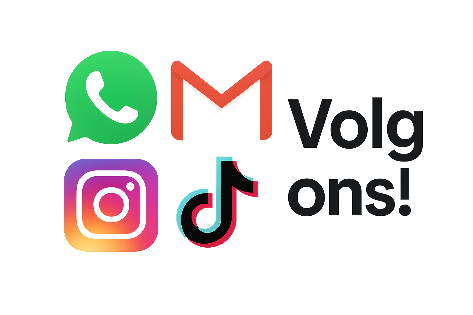 maak een logo van socialmedia kannalen als whatsapp, gmail, insta, tiktok en zet als tekst ´Volg ons!'